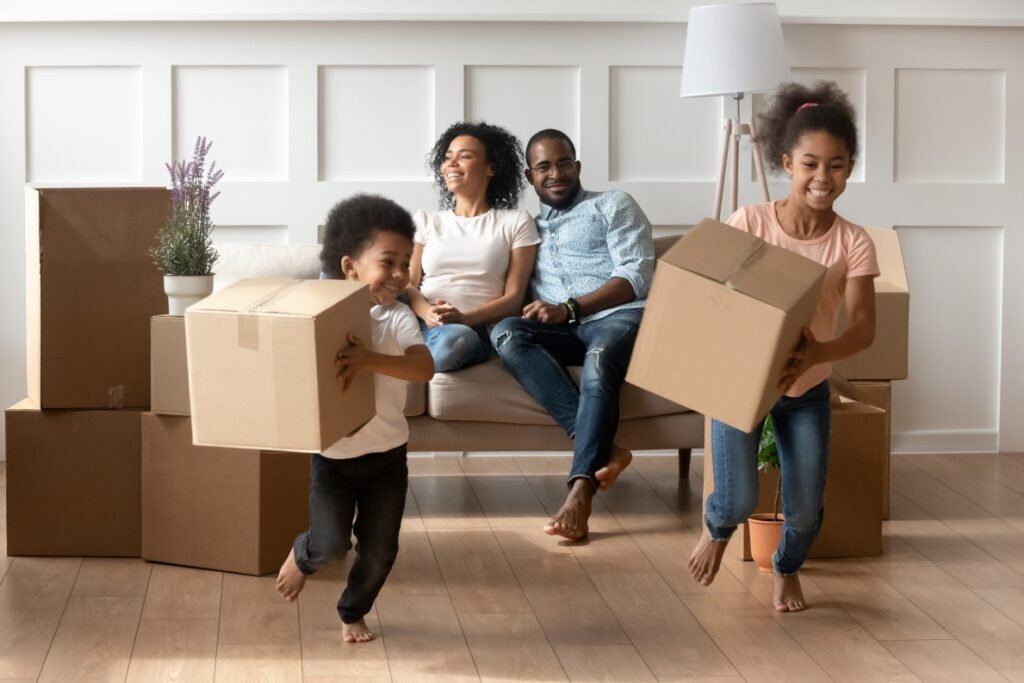 family with moving boxes